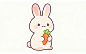 イースターのウサギがニンジンを抱えているイラスト4。理学療法士が制作した幼稚園や保育所のこどもたちにも最適な季節イベント素材。商用無料・白背景・フラットデザインの高品質なフリー画像。