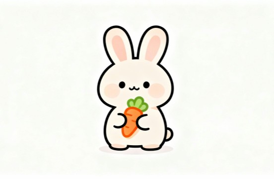 イースターのウサギがニンジンを抱えているイラスト2。理学療法士が制作した幼稚園や保育所のこどもたちにも最適な季節イベント素材。商用無料・白背景・フラットデザインの高品質なフリー画像。