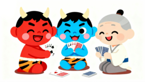 白背景の節分イラストで、赤鬼・青鬼・福の神がカードゲームを楽しむユーモアあるフラットデザイン。保育園・幼稚園の豆まき行事やWeb・チラシに使える商用利用可能な無料フリー画像サムネイル