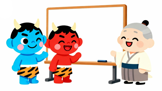 白背景の節分向けイラスト素材。赤鬼・青鬼・福の神がホワイトボード前で豆まきイベントの打ち合わせをするユニークなフラットデザインで、保育園・幼稚園の行事案内やWebに使いやすい商用利用可能な無料フリー画像サムネイル