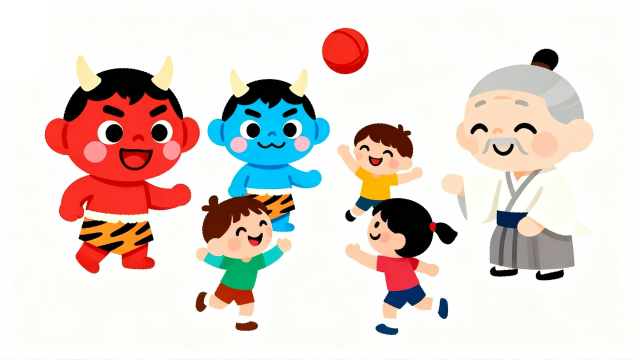 白背景の節分向けイラスト素材。赤鬼・青鬼・福の神が子どもたちとボール遊びをするユーモアのあるフラットデザインで、保育園・幼稚園の行事案内やWebに使いやすい商用利用可能な無料フリー画像サムネイル