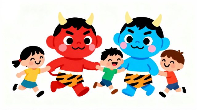 白背景で子どもたちと手を取り合って遊ぶ、やさしくユニークな赤鬼と青鬼の節分イラスト素材サムネイル