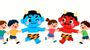 白背景で子どもたちと手を取り合って遊ぶ、かわいい赤鬼と青鬼の節分イラスト素材サムネイル