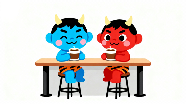 豆まきの豆がコーヒー豆というユニークな設定で、喫茶店でくつろぐアカオニとアオオニを描いた白背景の節分イラスト素材。商用利用可能なフリー画像サムネイル