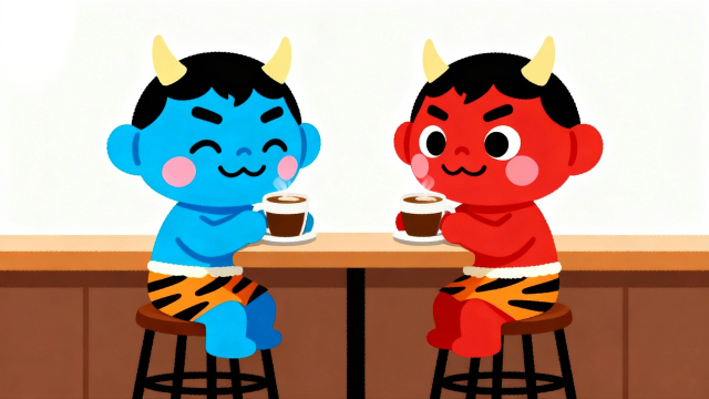 豆まきで投げられた豆がコーヒー豆という設定で、白背景の喫茶店でくつろぐアカオニとアオオニを描いた節分イラストサムネイル