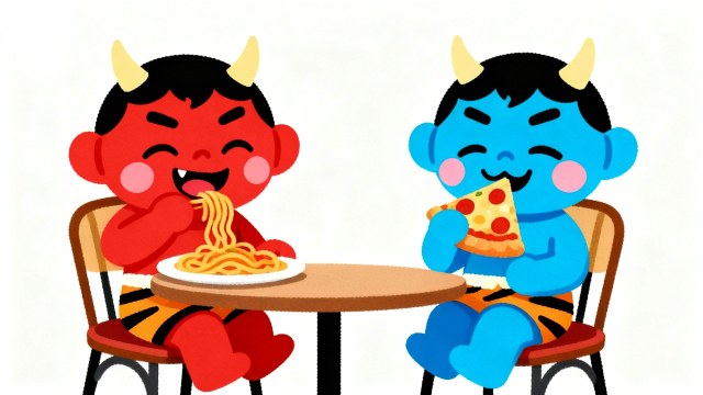 白背景の喫茶店でパスタを食べるアカオニとピザを食べるアオオニを描いた、心温まる節分フラットデザインのイラストサムネイル