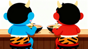 白背景の行列ができるラーメン屋でアツアツのラーメンを食べる赤鬼と青鬼のかわいい後ろ姿を描いた節分フラットイラストサムネイル