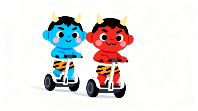 白背景でセグウェイに乗り、豆まき会場へ向かうかわいい赤鬼と青鬼を描いたユニークな節分フラットイラスト素材サムネイル