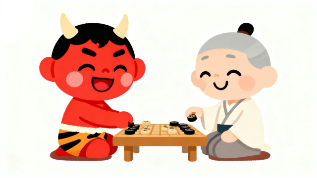白背景の節分イラストで、赤鬼と福の神が将棋を楽しむユーモアあるフラットデザイン。保育園・幼稚園の行事やWeb、チラシに使える商用利用可能なフリー画像サムネイル