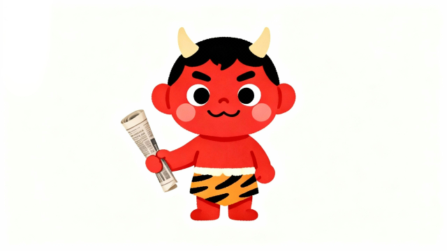 新聞紙を丸く長くした柔らかい武器を持つ、かわいい赤鬼の節分イラスト。白背景で豆まき行事や教育・Web用途に使いやすいフリー素材サムネイル