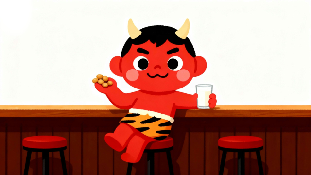 豆まき後に拾った豆と牛乳でおやつタイムを楽しむ、かわいい赤鬼の節分イラスト。白背景でWebサイトや印刷物に使いやすいフリー素材サムネイル