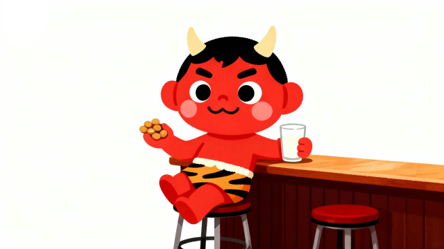 豆まき後に拾った豆と牛乳でおやつタイムを楽しむ、かわいいアカオニの節分イラスト素材。白背景でWebや印刷物に使いやすいフリー画像サムネイル