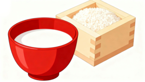 白背景に甘酒と枡に入った麹を描いた、ひなまつり向けイラスト素材。3月3日のお祝い、保育園・幼稚園の掲示物や春の行事に使いやすいミニマルなフラットデザインサムネイル