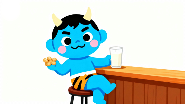 豆まき後に拾った豆と牛乳でおやつタイムを楽しむ、かわいいアオオニの節分イラスト素材。白背景でWebや印刷物に使いやすいフリー画像サムネイル