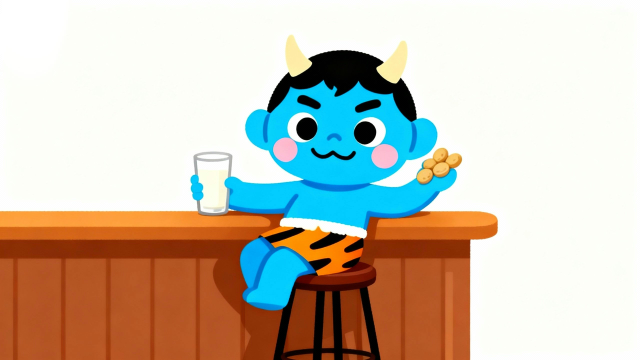 豆まき後に拾った豆と牛乳でひと休みする、かわいいアオオニを描いた節分イラスト素材。白背景で使いやすく、商用利用可能なフリー画像サムネイル