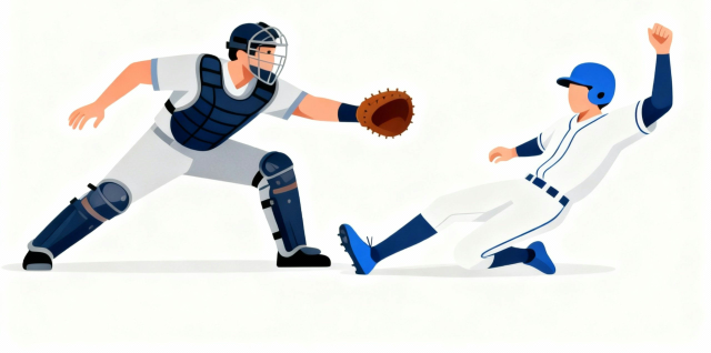 野球のホームスライディング＆タッチアウト｜白背景のシンプルなフラットイラスト（商用利用可）