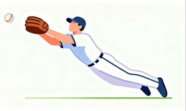 野球選手の横っ飛びキャッチを表現した白背景フラットイラスト｜商用利用可フリー画像