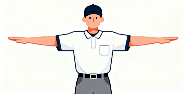 野球の審判がセーフのジェスチャーをするシンプルなフラットイラスト【商用利用可】