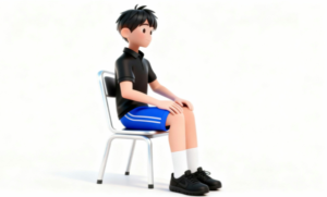 理学療法士監修：足を鍛えて、歩行の安定性や体の調子を整える自主トレイラスト素材。背筋を伸ばしてキレイな姿勢でイスに座っている状態の、運動やリハビリの開始姿勢説明に使いやすい自主トレ素材