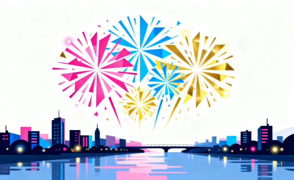 白背景の花火イラスト｜川と街に広がる夏の花火を描いたフラットデザイン素材【無料・商用利用可能】