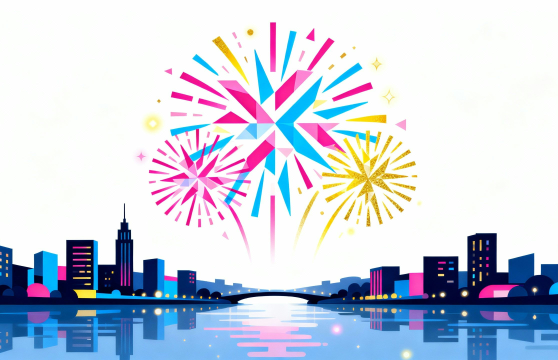 白背景の花火イラスト素材｜街と川に広がる夏の花火を描いたフラットデザイン【無料・商用利用可能】