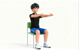 理学療法士監修：手先、指先を鍛えて、握力を維持する自主トレイラスト素材。イスに座った状態で背筋を伸ばし、両腕を前方へ伸ばして手のひらをグーにした自主トレーニングの開始姿勢を表した素材