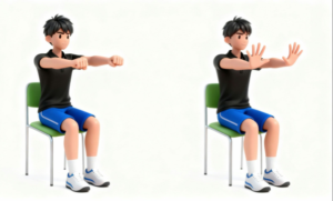 理学療法士監修：手先や指先の動きを保ち、握力の維持に役立つ自主トレイラスト素材。イスに座った姿勢で、両手を前に伸ばし、手を握る動作と開く動作を繰り返す手のグーパー運動を行っている自主トレーニング素材