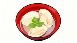 白背景にはまぐりが2つ入ったお吸い物を描いた、ひなまつりのお祝い食として保育園・幼稚園のおたよりや食育資料に使える無料イラストサムネイル