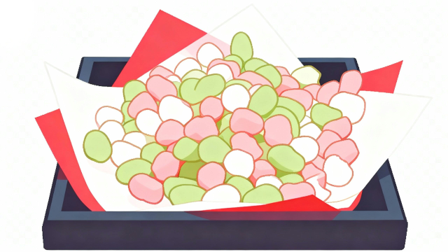 白背景に、器に入ったひなあられをミニマルでシンプルなフラットデザインで描いたひなまつりのイラストサムネイル