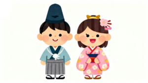 白背景で、子どもたちが雄雛と雌雛に変装してひなまつり会を楽しんでいるユーモアのあるフラットデザインのイラストサムネイル