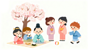 白背景で花見を楽しむお内裏さまと、元気に遊ぶ子どもたちを描いたひなまつりイラスト。雄雛・雌雛をやさしい表情のフラットデザインで表現し、保育園・幼稚園のおたよりや掲示物に使いやすい無料・商用利用可能な画像サムネイル