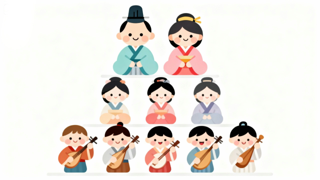 白背景で雄雛・雌雛、三人官女、五人囃子を分かりやすく配置したひなまつりの段飾りフラットイラスト。保育園・幼稚園のおたよりや掲示物に使いやすい無料・商用利用可能な画像サムネイル