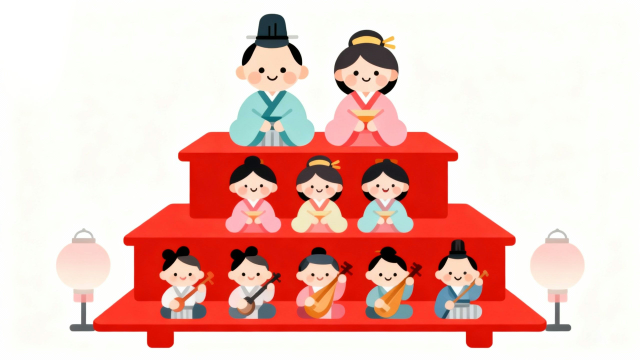 白背景に赤いひな壇とぼんぼりを描き、雄雛・雌雛、三人官女、五人囃子を分かりやすく表現したひなまつり段飾りのフラットイラスト。保育園・幼稚園のおたよりや掲示物に使いやすい無料・商用利用可能な画像サムネイル