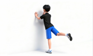 理学療法士監修：お尻、殿部を筋トレで鍛えて、歩行の安定性、きれいな姿勢を保つ自主トレイラスト素材。立位姿勢で壁に手を添えて体を支えながら、片脚を後方へ伸ばして股関節伸展運動を行うリハビリや筋力トレーニングに使いやすい自主トレ素材