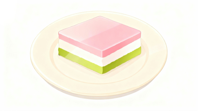 白背景に、薄いベージュの皿に乗った菱餅（ひし餅）をシンプルなフラットデザインで描いたひなまつりのイラストサムネイル