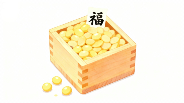 白背景の節分イラスト素材。枡にたっぷり入った福豆と大豆をシンプルなフラットデザインで描いた、保育園・幼稚園向けの商用利用可能なフリー画像サムネイル