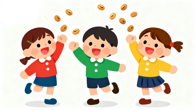 白背景の節分イラスト。保育園・幼稚園の子どもたちが上に向かって豆を投げて豆まきを楽しむ様子を、ユーモアのあるタッチで描いたフリー画像サムネイル