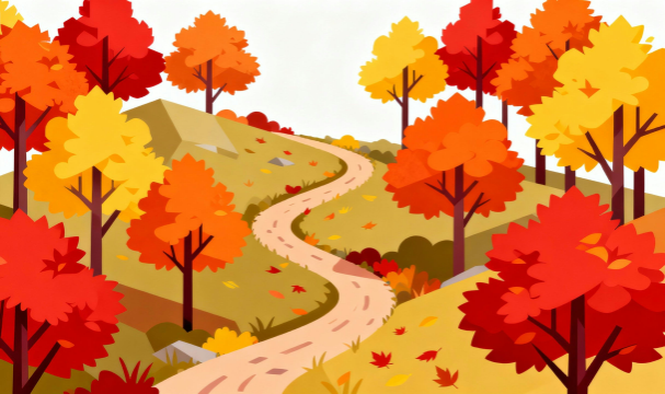 白背景に紅葉の山道を描いた秋のフラットイラスト素材｜無料・商用利用可能