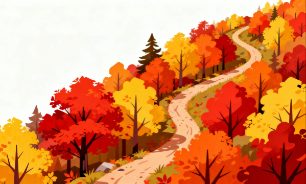 白背景の紅葉の山道フラットイラスト素材｜秋の風景・無料・商用利用可能