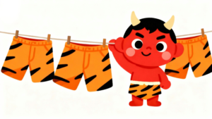 白背景でオニのパンツを洗濯して干している、やさしくかわいい赤鬼の節分イラスト素材サムネイル