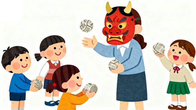 白背景の節分イラスト素材。鬼のお面をかぶった先生に、子どもたちが新聞紙で作った豆を投げる豆まきの様子を描いた、保育園・幼稚園向けの商用利用可能なフリー画像サムネイル