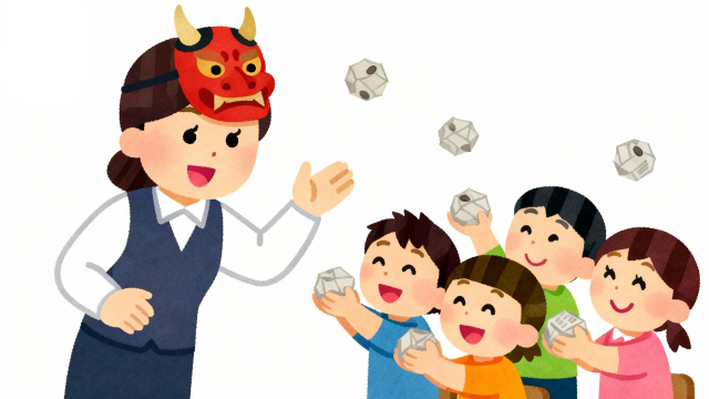 白背景の節分イラスト。鬼のお面をかぶった先生に、子どもたちが新聞紙で作った豆を投げて豆まきを楽しむ様子を描いた、保育園・幼稚園向けのやさしくユニークなフリー画像サムネイル