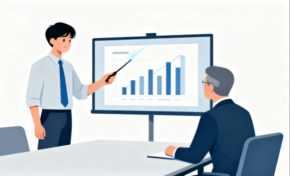 白背景・データ分析を上司にプレゼンする社員のフラットデザインイラスト【無料・商用利用可】