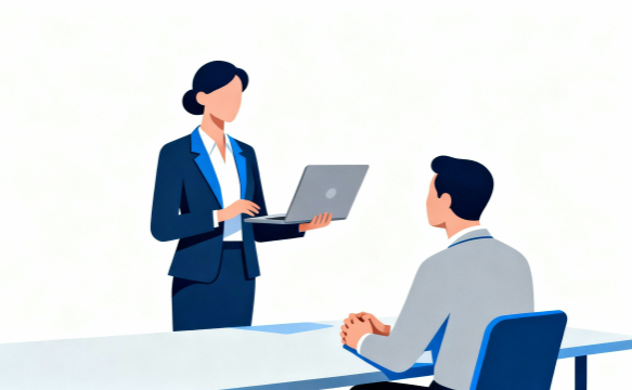 オフィスでパソコンのデータを共有する社員のプレゼン風景イラスト｜白背景のフリー画像・商用利用可