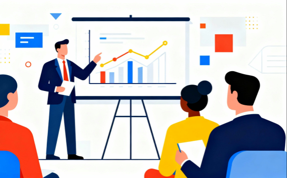 営業先の顧客へデータを使って提案するビジネスマンのフラットイラスト｜白背景・無料ビジネス素材