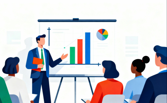 パソコンのデータで顧客にプレゼンする営業シーンのフラットデザイン画像｜白背景のフリー素材・商用利用可