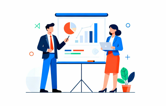 パソコンのデータを使って顧客に提案する営業シーンのフラットイラスト｜白背景・無料ビジネス素材