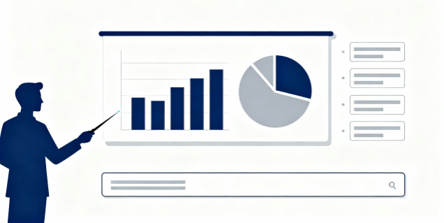 白背景のシルエットビジネスマンがデータを説明するプレゼンイラスト｜フラットデザインの無料素材