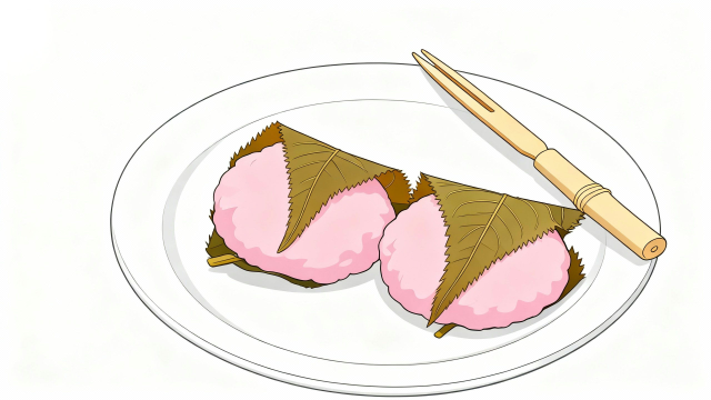 白背景に白い皿と関西風の桜もちが2つ並んだ、3月3日のひなまつりや春の行事、保育園・幼稚園のお知らせに使える食べ物・デザートのフリーイラストサムネイル