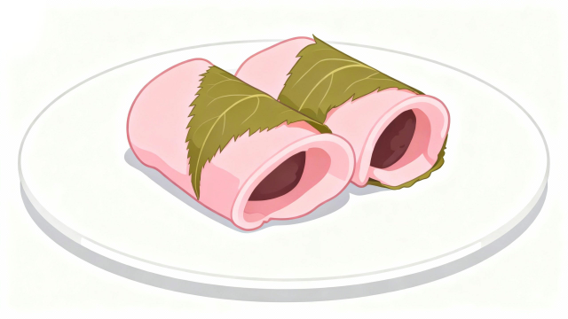 白背景に白い皿と関東風の桜もちが2つ並んだ、3月3日のひなまつりや春、保育園・幼稚園のお知らせに使える食べ物・デザートのフリーイラストサムネイル